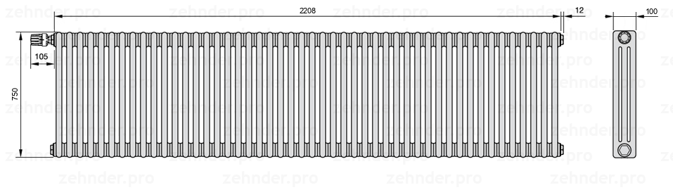 Схема (чертеж) Радиатор Zehnder Charleston 3075/48 №V012 Белый глянцевый RAL 9016